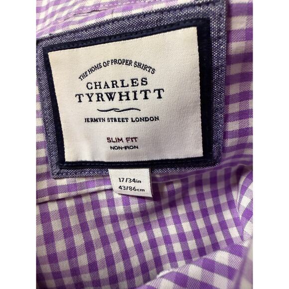 Charles Tyrwhitt Non-Iron Twill Slim Fit Gingham Shirt, Lilac, Men's Size 17/34 - Picture 6 of 6